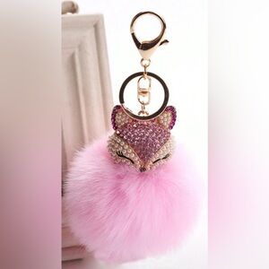 Pearl and Pink Rhinestone Fox Head with Pink Pom Pom, Purse Charm / Keychain.